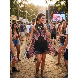 Free People Voile Lace Trapeze Slip Dress Black Pink Paisley Boho Mini Small